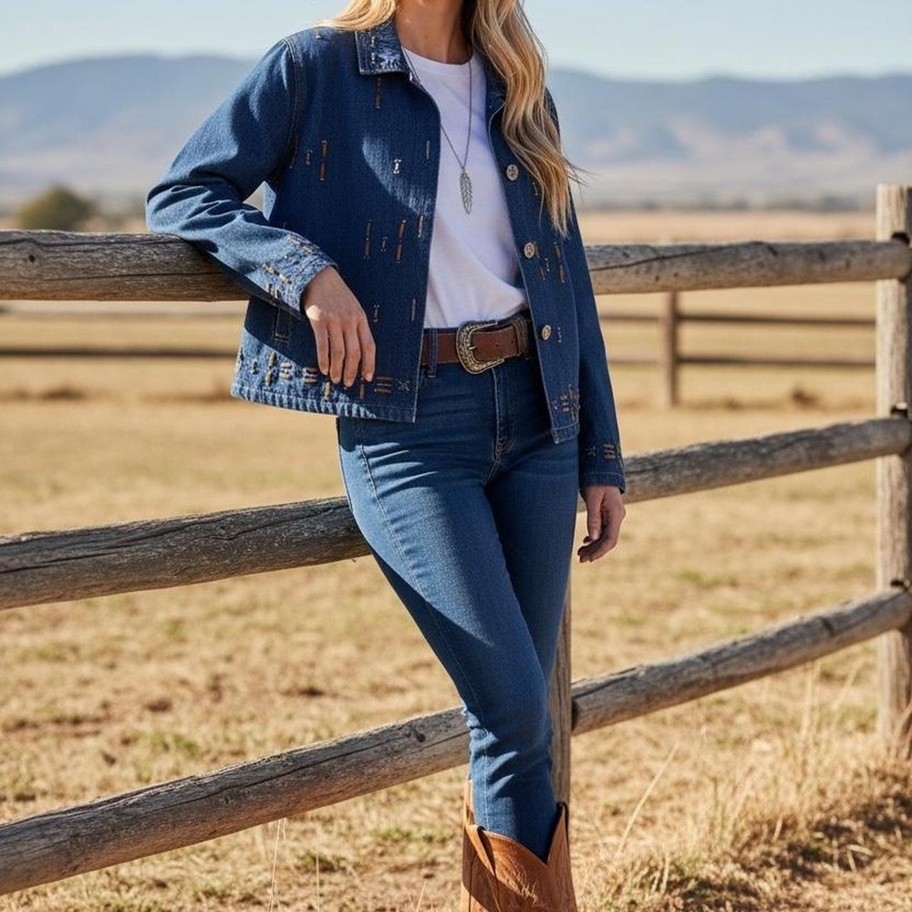 Parsley & Sage Denim Jean Jacket with Leather Embellishments Western Cottagecore